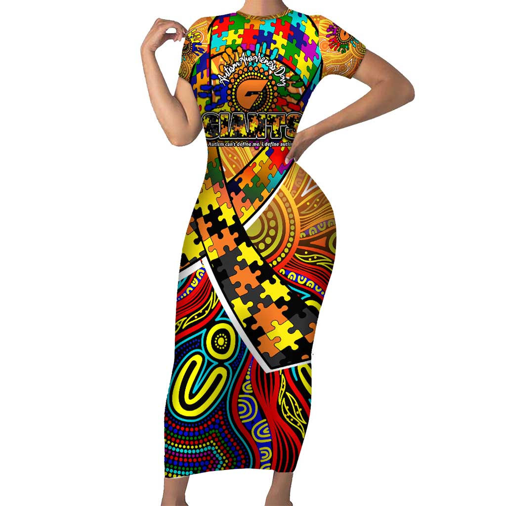 Autism Awareness Australia GWS Giants Short Sleeve Bodycon Dress Aboriginal Indigenous Art