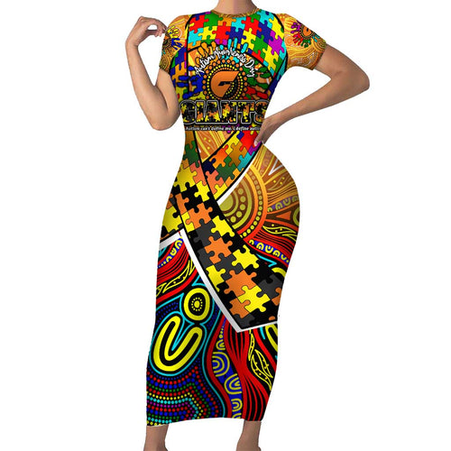Autism Awareness Australia GWS Giants Short Sleeve Bodycon Dress Aboriginal Indigenous Art