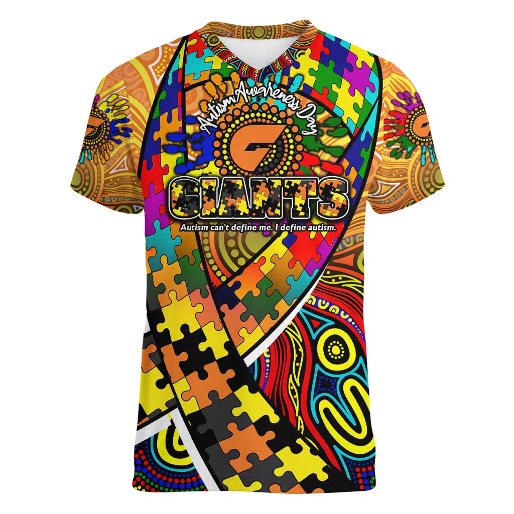 Autism Awareness Australia GWS Giants Women V-Neck T-Shirt Aboriginal Indigenous Art