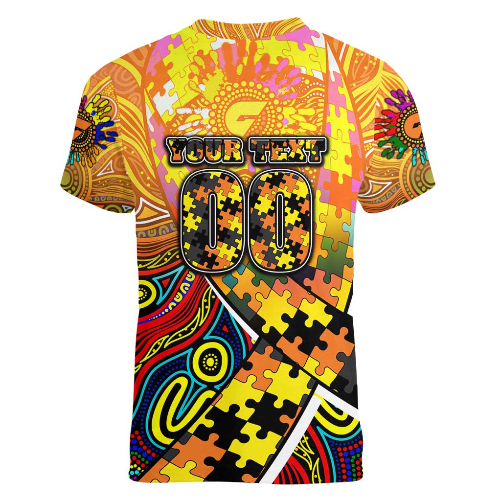 Autism Awareness Australia GWS Giants Women V-Neck T-Shirt Aboriginal Indigenous Art