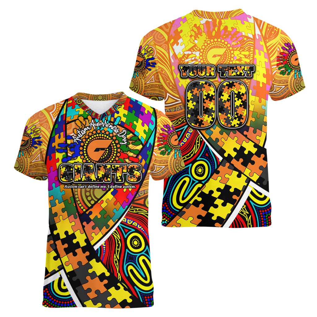 Autism Awareness Australia GWS Giants Women V-Neck T-Shirt Aboriginal Indigenous Art