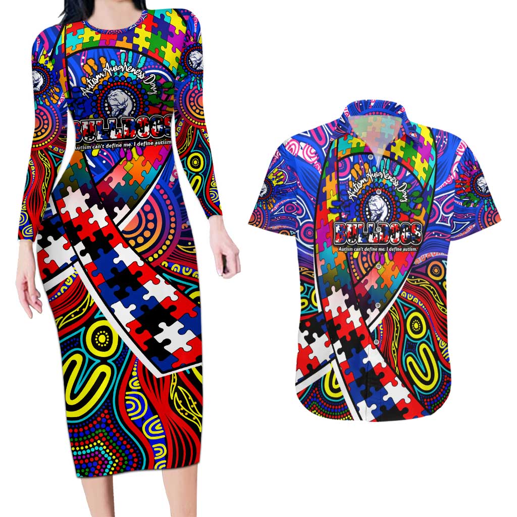 Autism Awareness Australia Western Bulldogs Couples Matching Long Sleeve Bodycon Dress and Hawaiian Shirt Aboriginal Indigenous Art