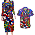 Autism Awareness Australia Western Bulldogs Couples Matching Long Sleeve Bodycon Dress and Hawaiian Shirt Aboriginal Indigenous Art