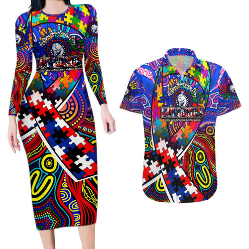 Autism Awareness Australia Western Bulldogs Couples Matching Long Sleeve Bodycon Dress and Hawaiian Shirt Aboriginal Indigenous Art