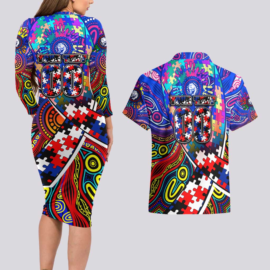 Autism Awareness Australia Western Bulldogs Couples Matching Long Sleeve Bodycon Dress and Hawaiian Shirt Aboriginal Indigenous Art
