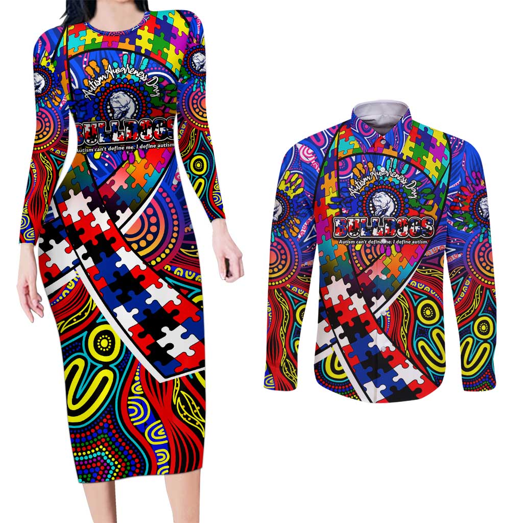 Autism Awareness Australia Western Bulldogs Couples Matching Long Sleeve Bodycon Dress and Long Sleeve Button Shirt Aboriginal Indigenous Art