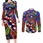 Autism Awareness Australia Western Bulldogs Couples Matching Long Sleeve Bodycon Dress and Long Sleeve Button Shirt Aboriginal Indigenous Art