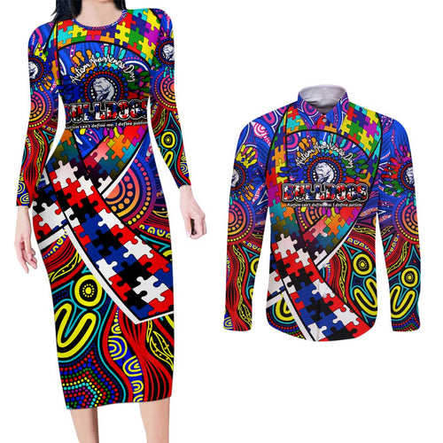 Autism Awareness Australia Western Bulldogs Couples Matching Long Sleeve Bodycon Dress and Long Sleeve Button Shirt Aboriginal Indigenous Art