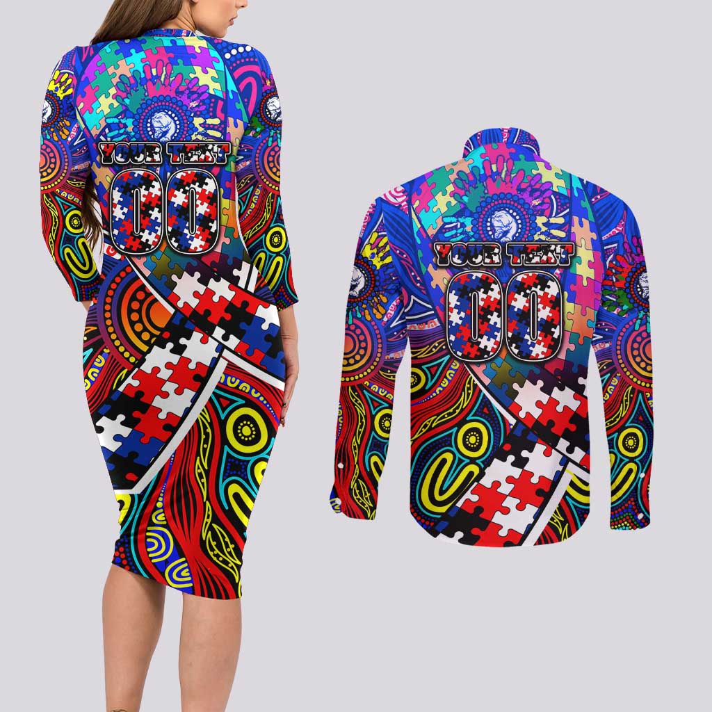 Autism Awareness Australia Western Bulldogs Couples Matching Long Sleeve Bodycon Dress and Long Sleeve Button Shirt Aboriginal Indigenous Art