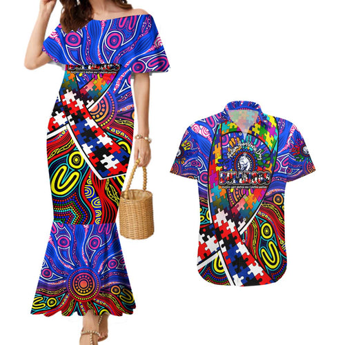 Autism Awareness Australia Western Bulldogs Couples Matching Mermaid Dress and Hawaiian Shirt Aboriginal Indigenous Art