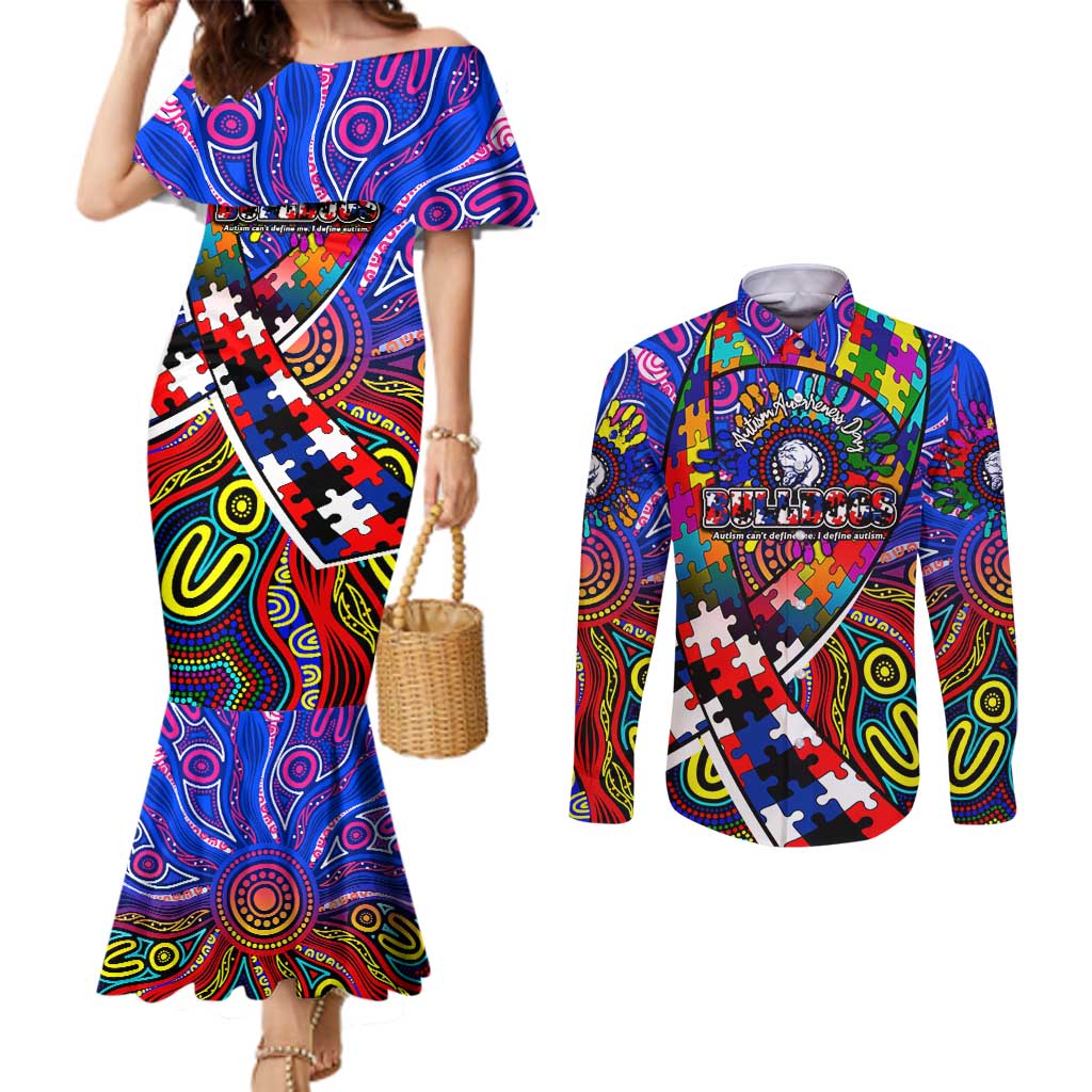 Autism Awareness Australia Western Bulldogs Couples Matching Mermaid Dress and Long Sleeve Button Shirt Aboriginal Indigenous Art