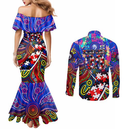 Autism Awareness Australia Western Bulldogs Couples Matching Mermaid Dress and Long Sleeve Button Shirt Aboriginal Indigenous Art