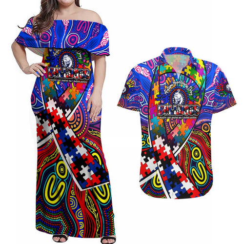 Autism Awareness Australia Western Bulldogs Couples Matching Off Shoulder Maxi Dress and Hawaiian Shirt Aboriginal Indigenous Art