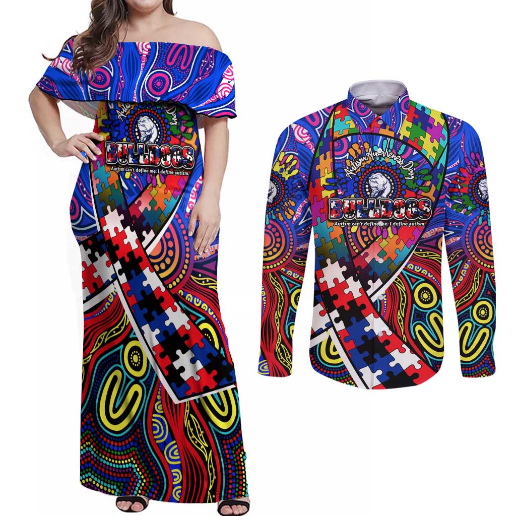 Autism Awareness Australia Western Bulldogs Couples Matching Off Shoulder Maxi Dress and Long Sleeve Button Shirt Aboriginal Indigenous Art