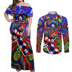 Autism Awareness Australia Western Bulldogs Couples Matching Off Shoulder Maxi Dress and Long Sleeve Button Shirt Aboriginal Indigenous Art