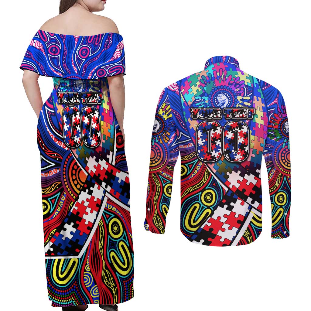 Autism Awareness Australia Western Bulldogs Couples Matching Off Shoulder Maxi Dress and Long Sleeve Button Shirt Aboriginal Indigenous Art