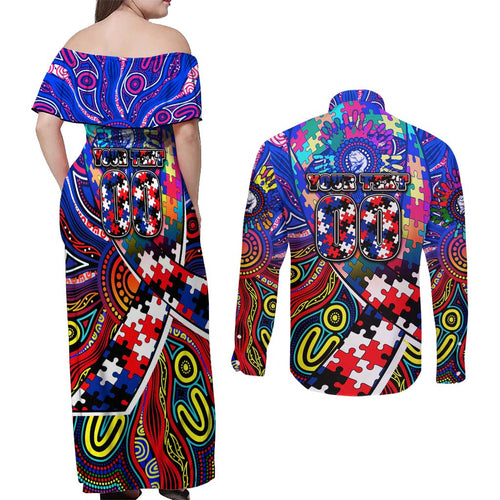 Autism Awareness Australia Western Bulldogs Couples Matching Off Shoulder Maxi Dress and Long Sleeve Button Shirt Aboriginal Indigenous Art