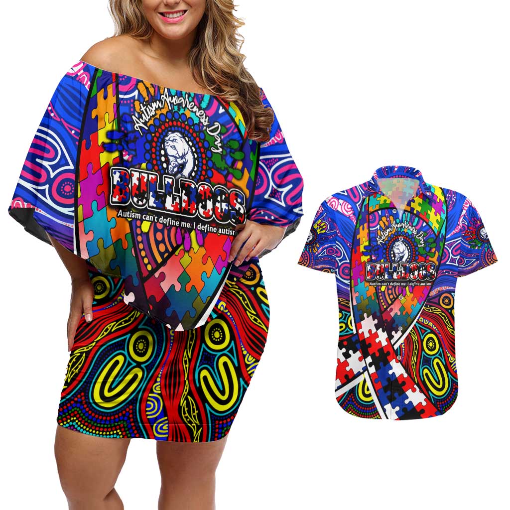 Autism Awareness Australia Western Bulldogs Couples Matching Off Shoulder Short Dress and Hawaiian Shirt Aboriginal Indigenous Art