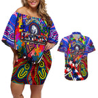 Autism Awareness Australia Western Bulldogs Couples Matching Off Shoulder Short Dress and Hawaiian Shirt Aboriginal Indigenous Art