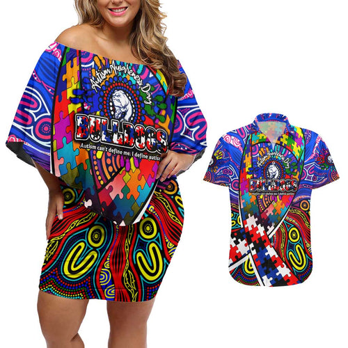 Autism Awareness Australia Western Bulldogs Couples Matching Off Shoulder Short Dress and Hawaiian Shirt Aboriginal Indigenous Art