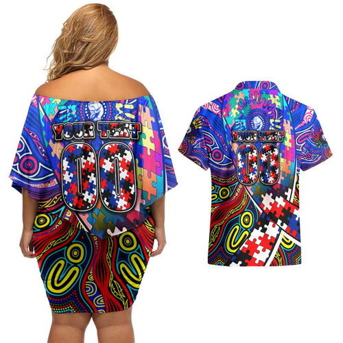 Autism Awareness Australia Western Bulldogs Couples Matching Off Shoulder Short Dress and Hawaiian Shirt Aboriginal Indigenous Art
