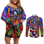 Autism Awareness Australia Western Bulldogs Couples Matching Off Shoulder Short Dress and Long Sleeve Button Shirt Aboriginal Indigenous Art