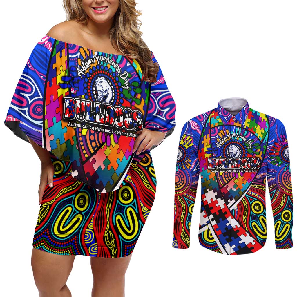 Autism Awareness Australia Western Bulldogs Couples Matching Off Shoulder Short Dress and Long Sleeve Button Shirt Aboriginal Indigenous Art