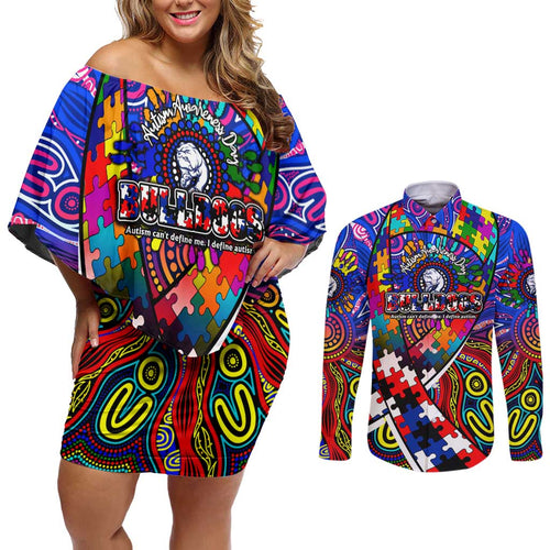 Autism Awareness Australia Western Bulldogs Couples Matching Off Shoulder Short Dress and Long Sleeve Button Shirt Aboriginal Indigenous Art