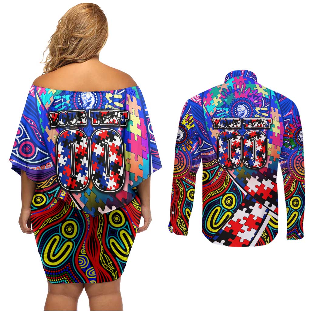 Autism Awareness Australia Western Bulldogs Couples Matching Off Shoulder Short Dress and Long Sleeve Button Shirt Aboriginal Indigenous Art