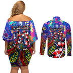Autism Awareness Australia Western Bulldogs Couples Matching Off Shoulder Short Dress and Long Sleeve Button Shirt Aboriginal Indigenous Art