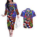 Autism Awareness Australia Western Bulldogs Couples Matching Off The Shoulder Long Sleeve Dress and Hawaiian Shirt Aboriginal Indigenous Art