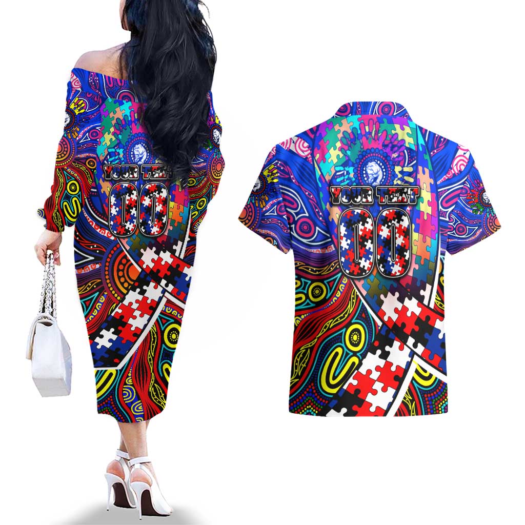 Autism Awareness Australia Western Bulldogs Couples Matching Off The Shoulder Long Sleeve Dress and Hawaiian Shirt Aboriginal Indigenous Art