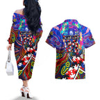 Autism Awareness Australia Western Bulldogs Couples Matching Off The Shoulder Long Sleeve Dress and Hawaiian Shirt Aboriginal Indigenous Art