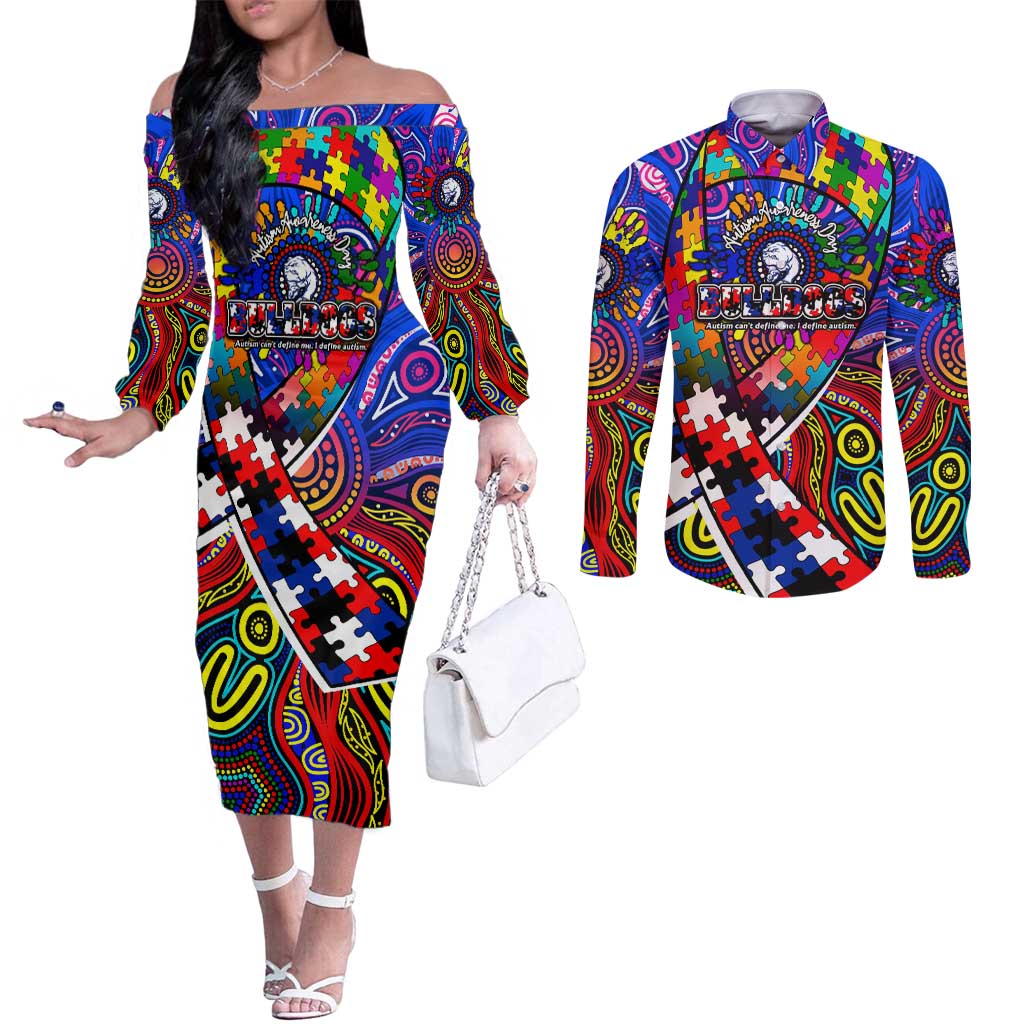 Autism Awareness Australia Western Bulldogs Couples Matching Off The Shoulder Long Sleeve Dress and Long Sleeve Button Shirt Aboriginal Indigenous Art