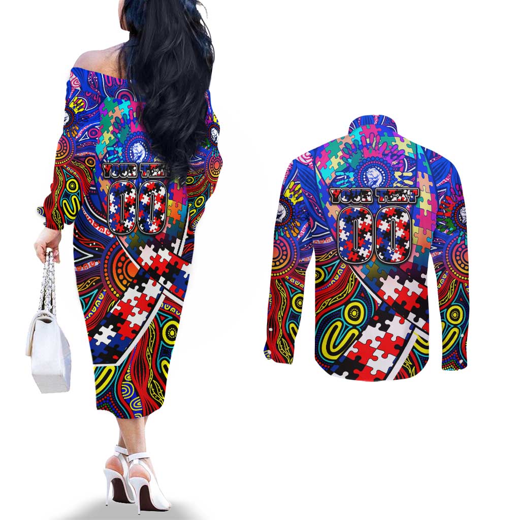 Autism Awareness Australia Western Bulldogs Couples Matching Off The Shoulder Long Sleeve Dress and Long Sleeve Button Shirt Aboriginal Indigenous Art