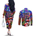 Autism Awareness Australia Western Bulldogs Couples Matching Off The Shoulder Long Sleeve Dress and Long Sleeve Button Shirt Aboriginal Indigenous Art