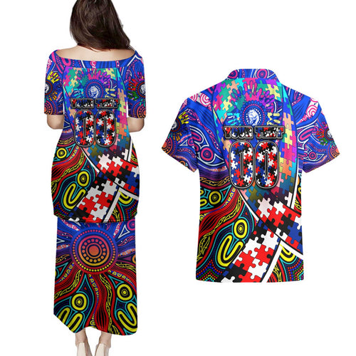 Autism Awareness Australia Western Bulldogs Couples Matching Puletasi and Hawaiian Shirt Aboriginal Indigenous Art