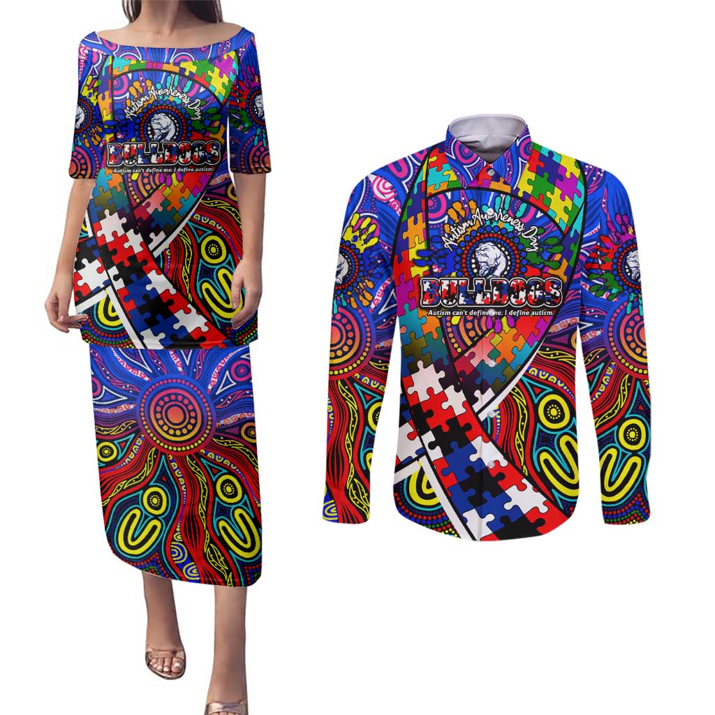 Autism Awareness Australia Western Bulldogs Couples Matching Puletasi and Long Sleeve Button Shirt Aboriginal Indigenous Art
