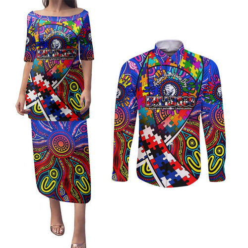 Autism Awareness Australia Western Bulldogs Couples Matching Puletasi and Long Sleeve Button Shirt Aboriginal Indigenous Art