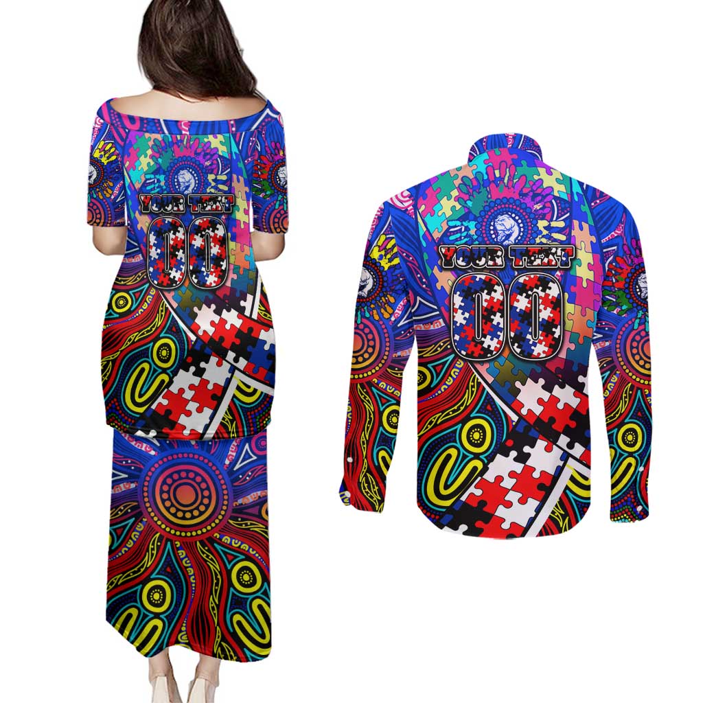 Autism Awareness Australia Western Bulldogs Couples Matching Puletasi and Long Sleeve Button Shirt Aboriginal Indigenous Art