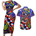 Autism Awareness Australia Western Bulldogs Couples Matching Short Sleeve Bodycon Dress and Hawaiian Shirt Aboriginal Indigenous Art