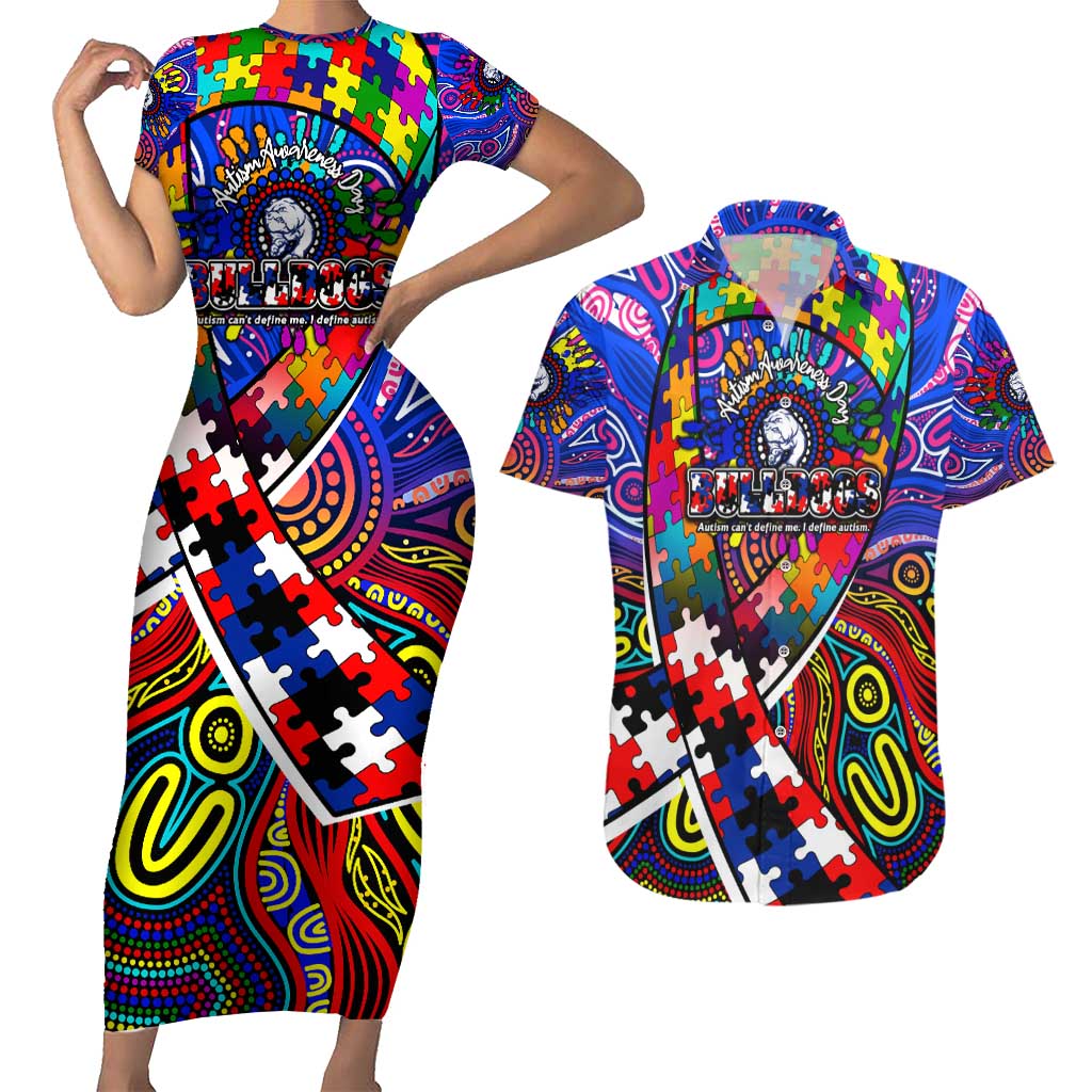 Autism Awareness Australia Western Bulldogs Couples Matching Short Sleeve Bodycon Dress and Hawaiian Shirt Aboriginal Indigenous Art