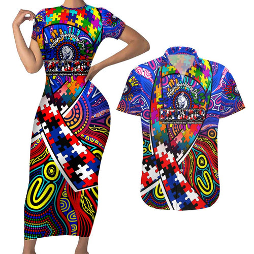 Autism Awareness Australia Western Bulldogs Couples Matching Short Sleeve Bodycon Dress and Hawaiian Shirt Aboriginal Indigenous Art