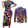 Autism Awareness Australia Western Bulldogs Couples Matching Short Sleeve Bodycon Dress and Long Sleeve Button Shirt Aboriginal Indigenous Art