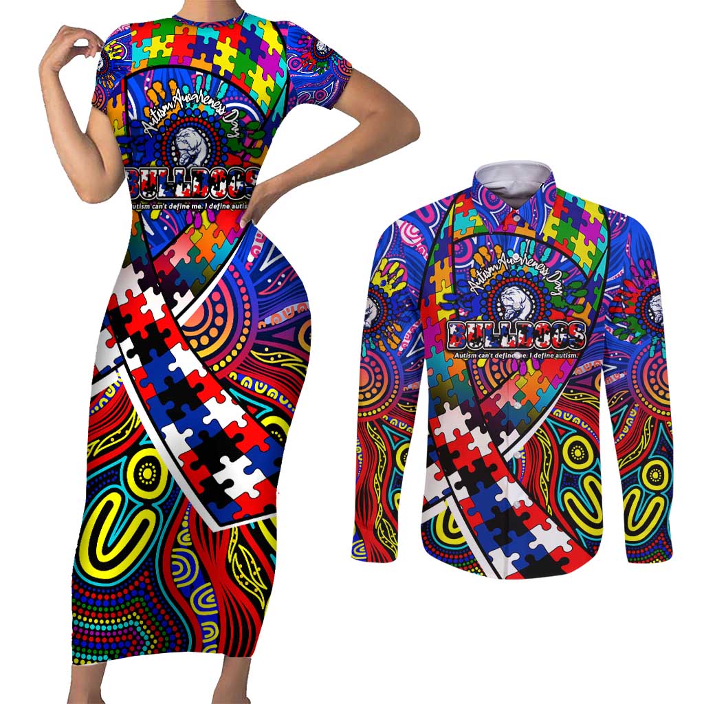 Autism Awareness Australia Western Bulldogs Couples Matching Short Sleeve Bodycon Dress and Long Sleeve Button Shirt Aboriginal Indigenous Art