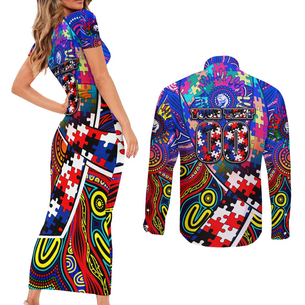 Autism Awareness Australia Western Bulldogs Couples Matching Short Sleeve Bodycon Dress and Long Sleeve Button Shirt Aboriginal Indigenous Art