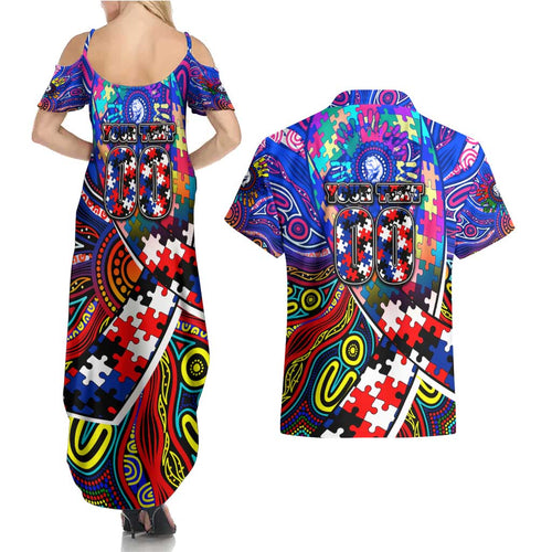 Autism Awareness Australia Western Bulldogs Couples Matching Summer Maxi Dress and Hawaiian Shirt Aboriginal Indigenous Art