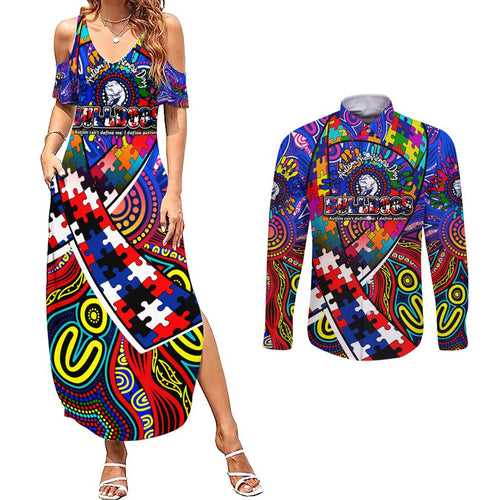Autism Awareness Australia Western Bulldogs Couples Matching Summer Maxi Dress and Long Sleeve Button Shirt Aboriginal Indigenous Art