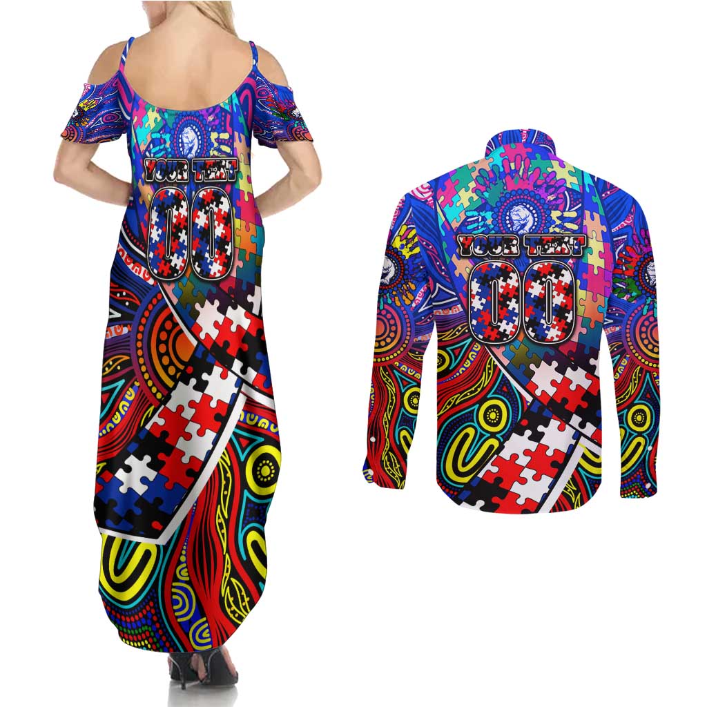 Autism Awareness Australia Western Bulldogs Couples Matching Summer Maxi Dress and Long Sleeve Button Shirt Aboriginal Indigenous Art