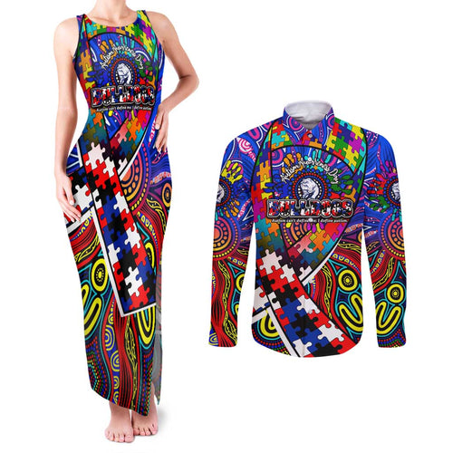 Autism Awareness Australia Western Bulldogs Couples Matching Tank Maxi Dress and Long Sleeve Button Shirt Aboriginal Indigenous Art